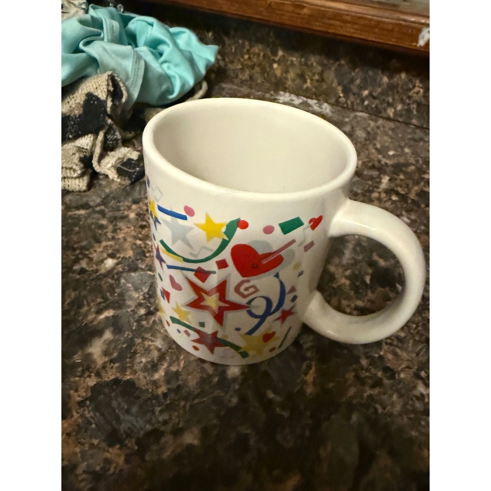 PBC Vintage Confetti Stars Hearts Musical Notes Ceramic Coffee‎ Mug White Cup